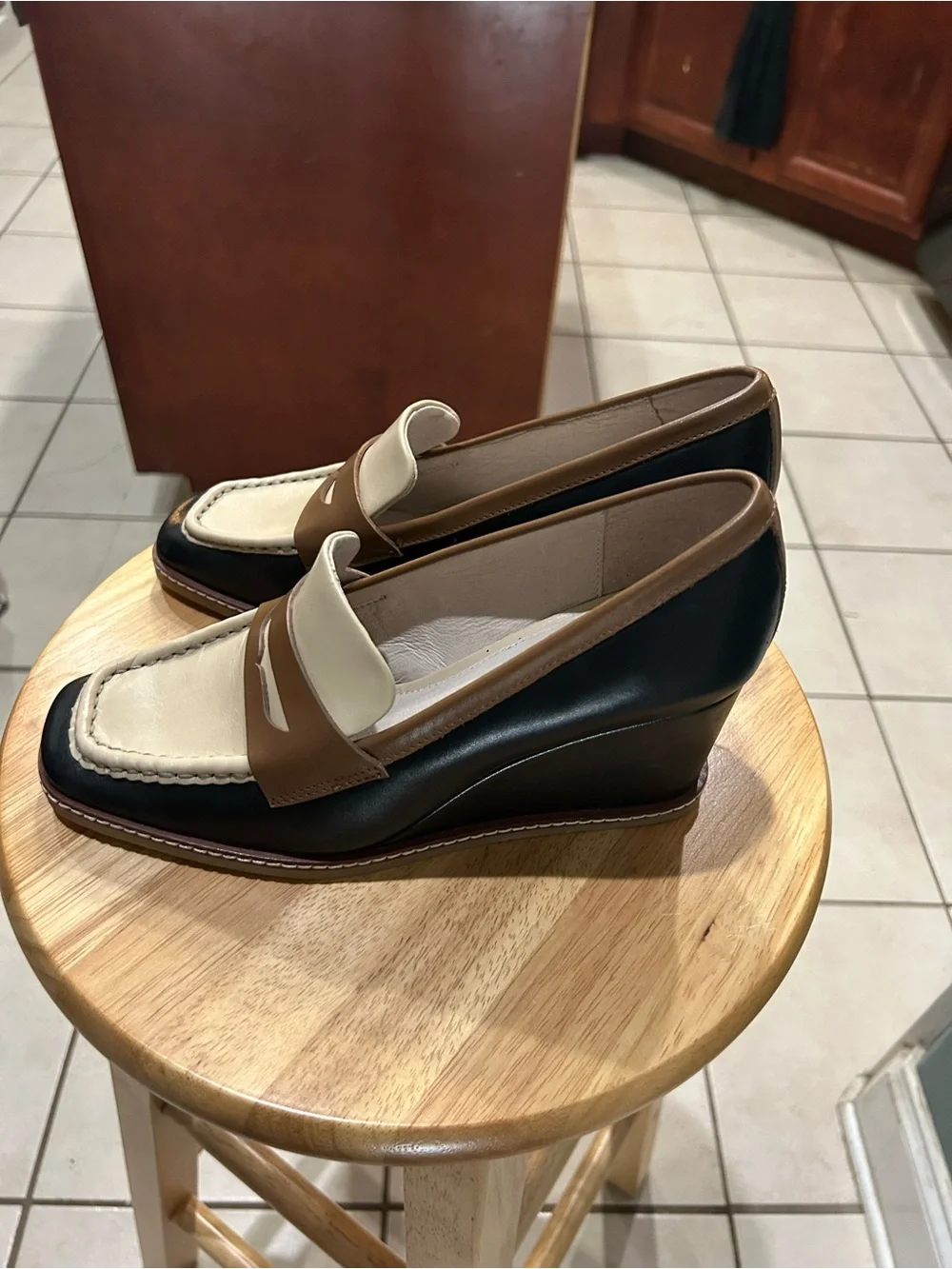 Sanctuary Tri-Tone Wedge Loafers in Black, Brown & Cream